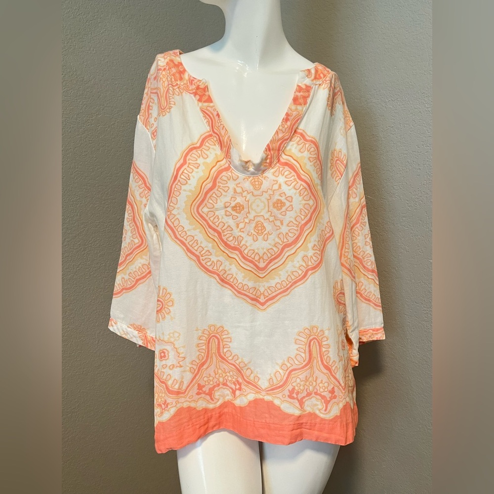 J. CREW Women’s Bazaar Tunic Orange & White 3/4 Sleeve Cotton Top Blouse Size L